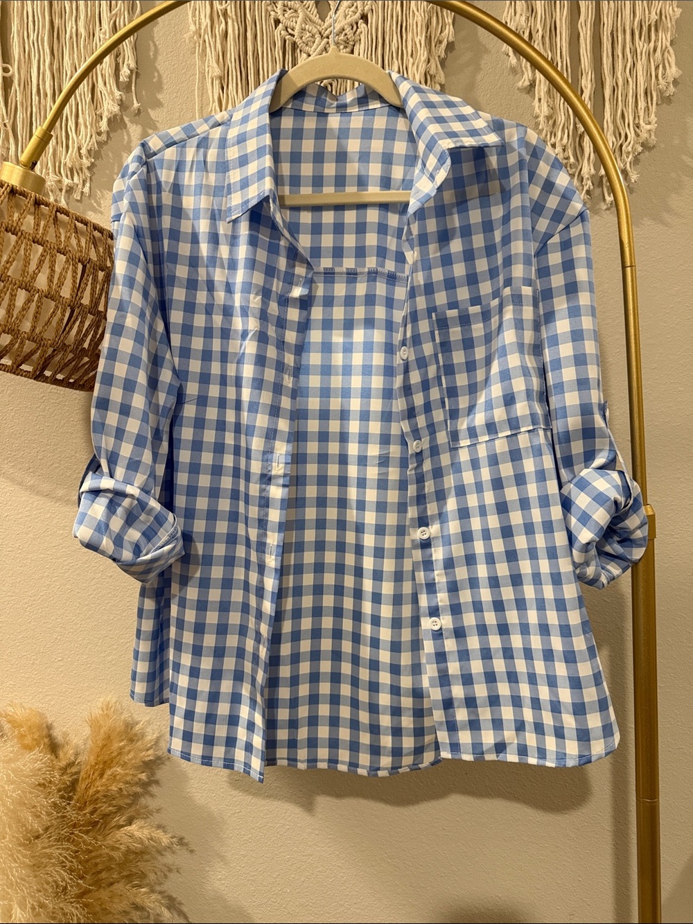 Blue and White Gingham Button-Up Shirt